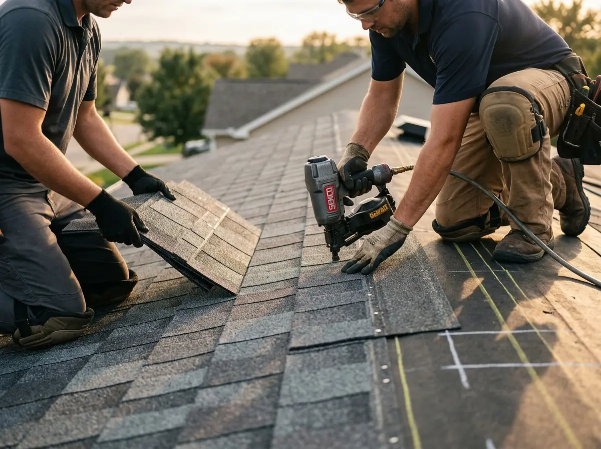 Professional roofer working on a residential roof in Byram